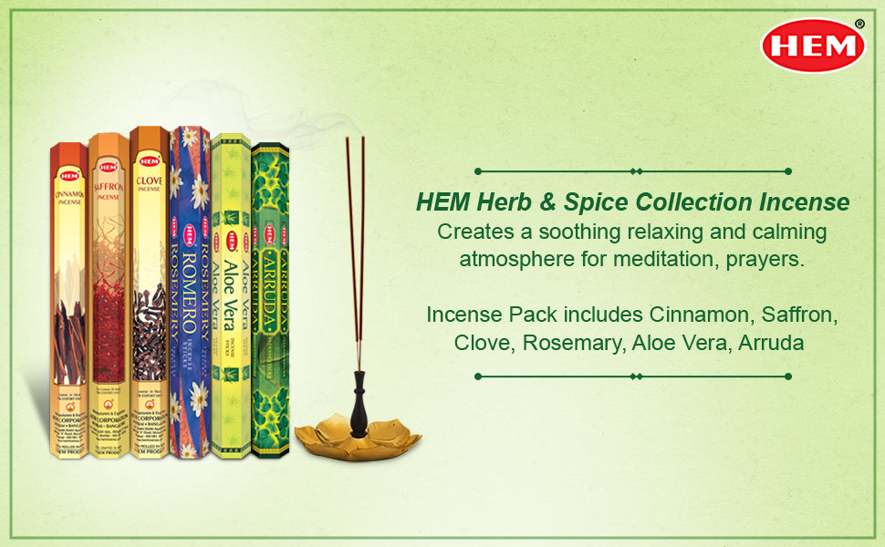 HEM Herb & Spice Collection Incense includes Cinnamon, Saffron, Clove, Rosemary, Aloe Vera, and Arruda. Ideal for creating a relaxing atmosphere for meditation and prayers, with sticks and holder.